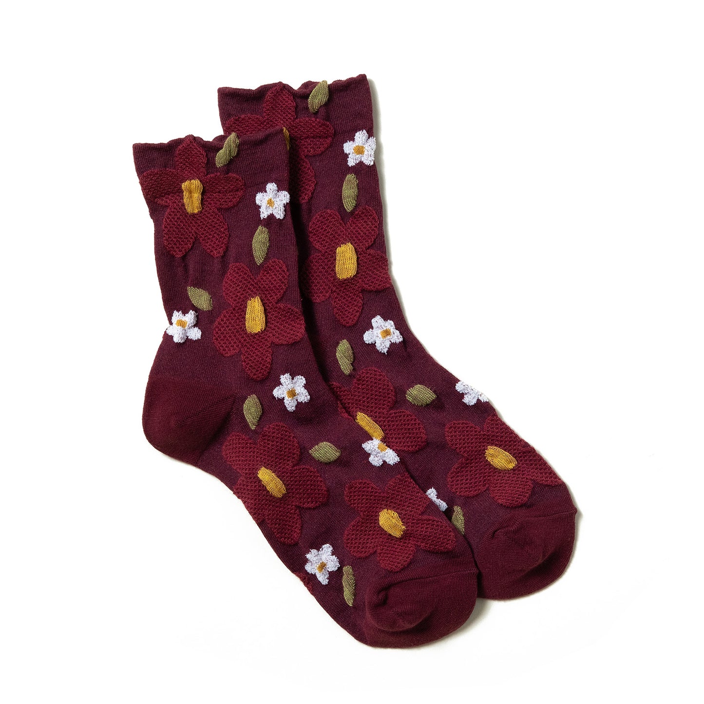 Luxurious dark red women's socks featuring textured floral