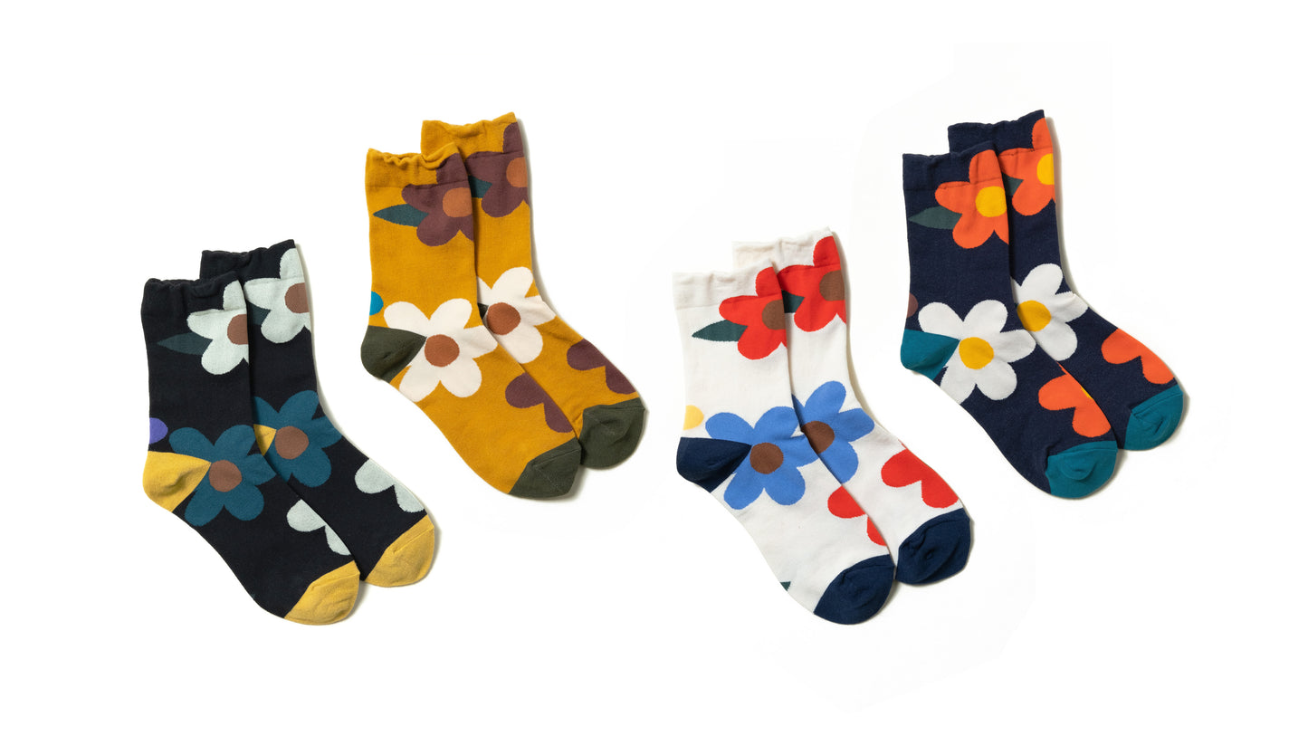 women's ankle socks black yellow white blue with big colorful flowers