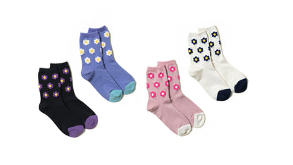 a range of luxurious women's ankle socks with floral dots pattern with different color toe box