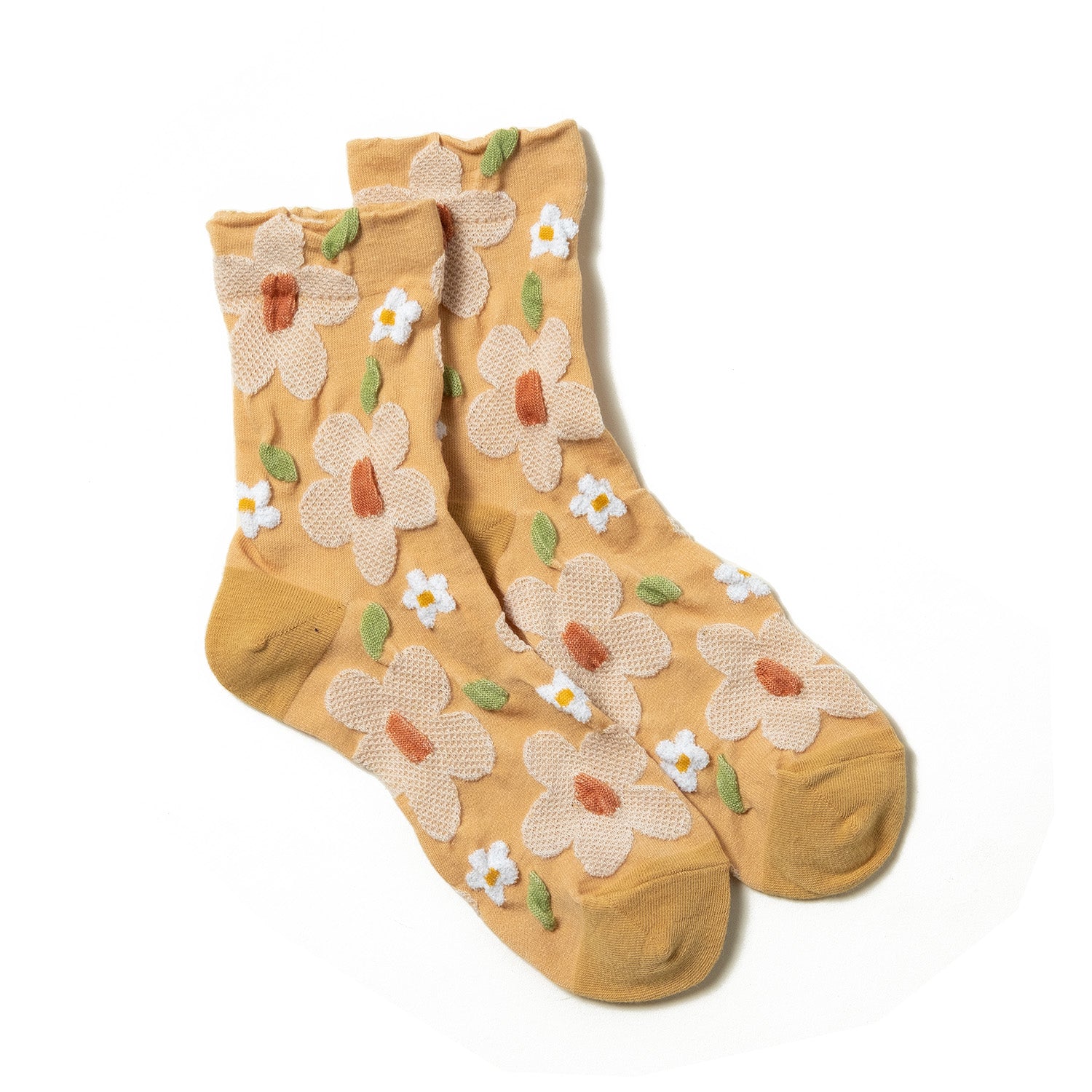 Luxurious soft yellow women's socks featuring textured white floral 