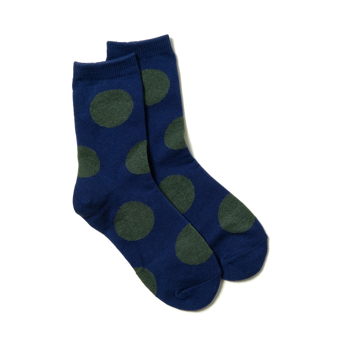 Soft and stylish blue navy ankle socks with big green polka dots