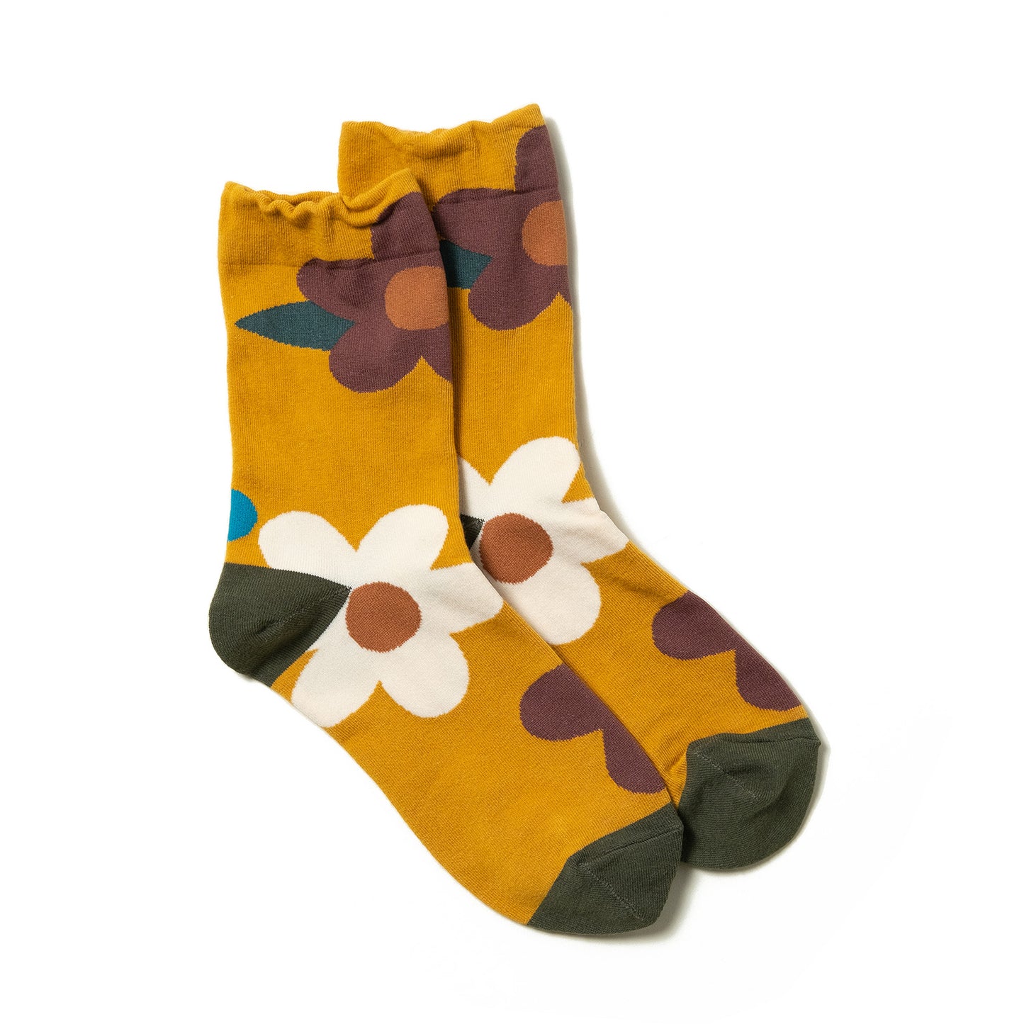 women's ankle socks yellow with cute white brown flowers