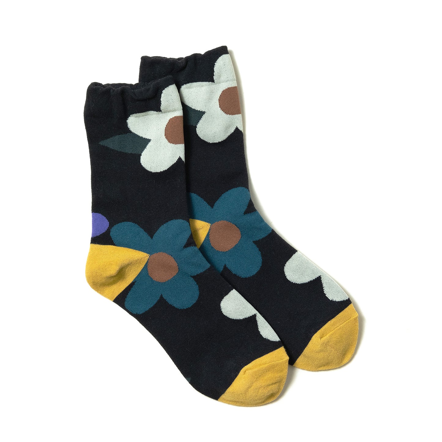 women's ankle socks black with cute white green purple flowers