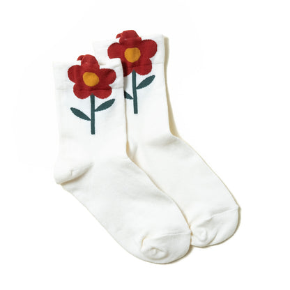 Playful white women's ankle socks with colorful red flower