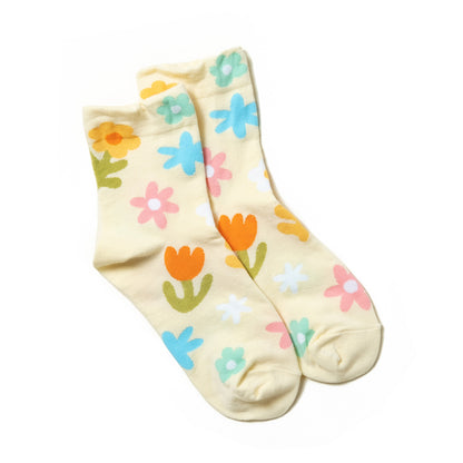 luxurious soft yellow women's ankle socks with fun cute multi color floral patterns