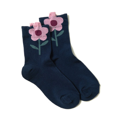 Playful navy blue women's ankle socks with colorful pink flower