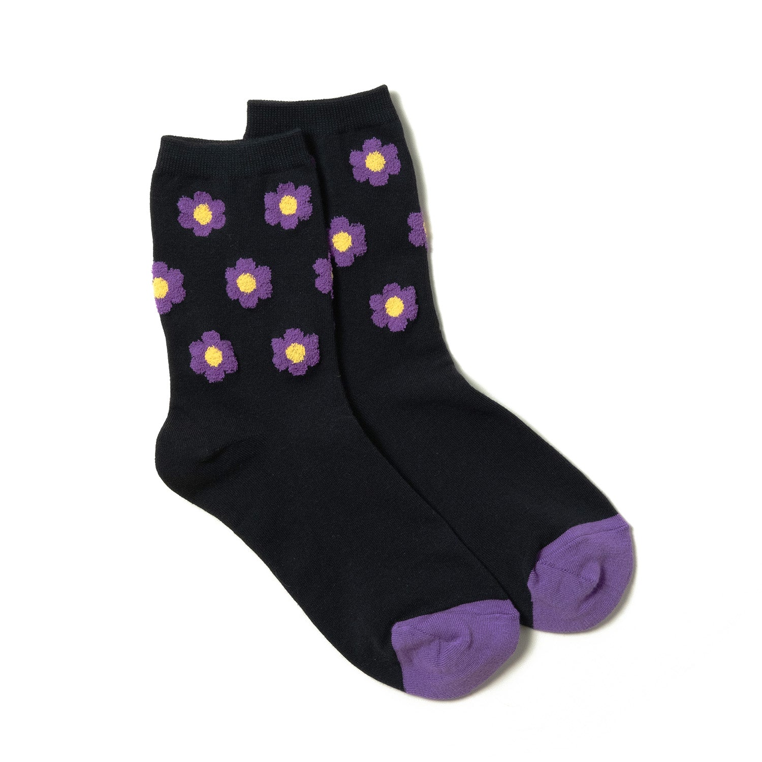 luxurious black Women's ankle sock with purple floral dots pattern and purple toe box