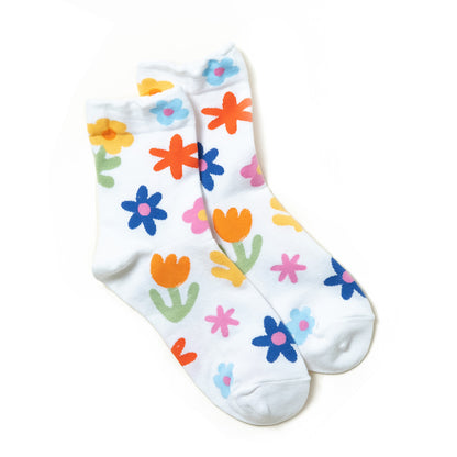 luxurious soft white women's ankle socks with fun cute multi color floral patterns