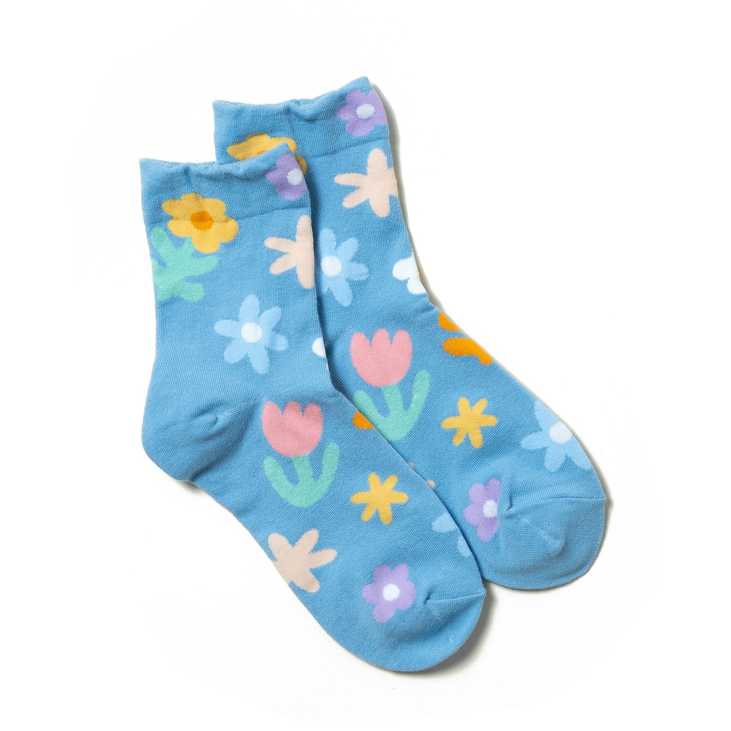 luxurious soft sky blue women's ankle socks with fun cute multi color floral patterns