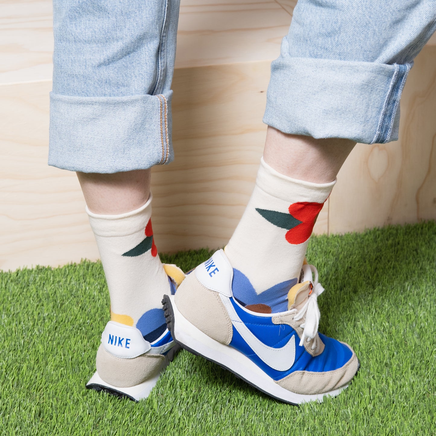 women's ankle socks white with cute blue red flowers with blue nike shoes 2