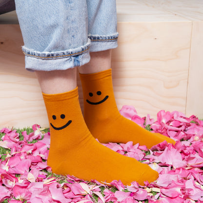 yellow smiley face korean ankle women's socks on feet no shoes