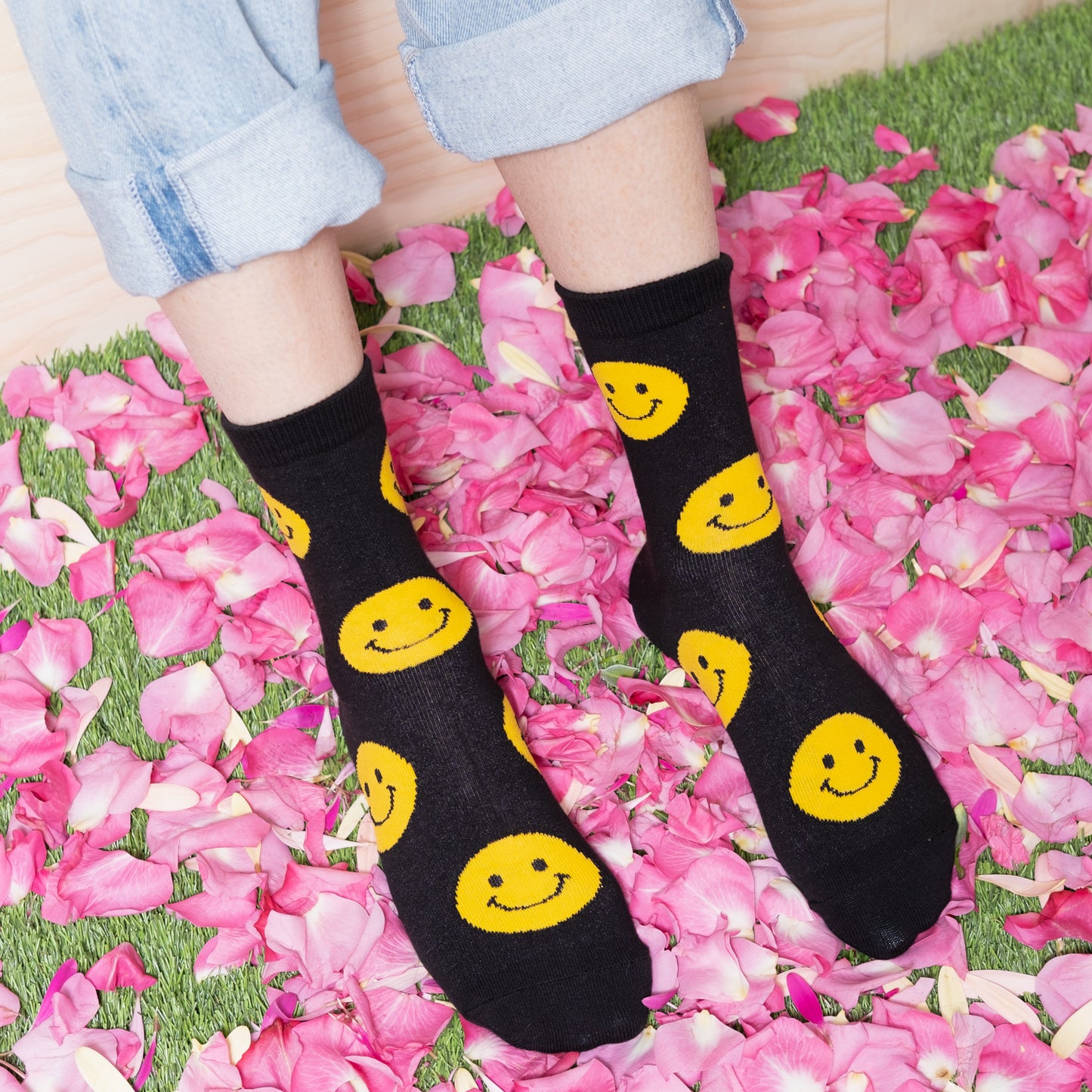 black yellow smiley face polka dot Korean women's ankle socks on body no shoes 