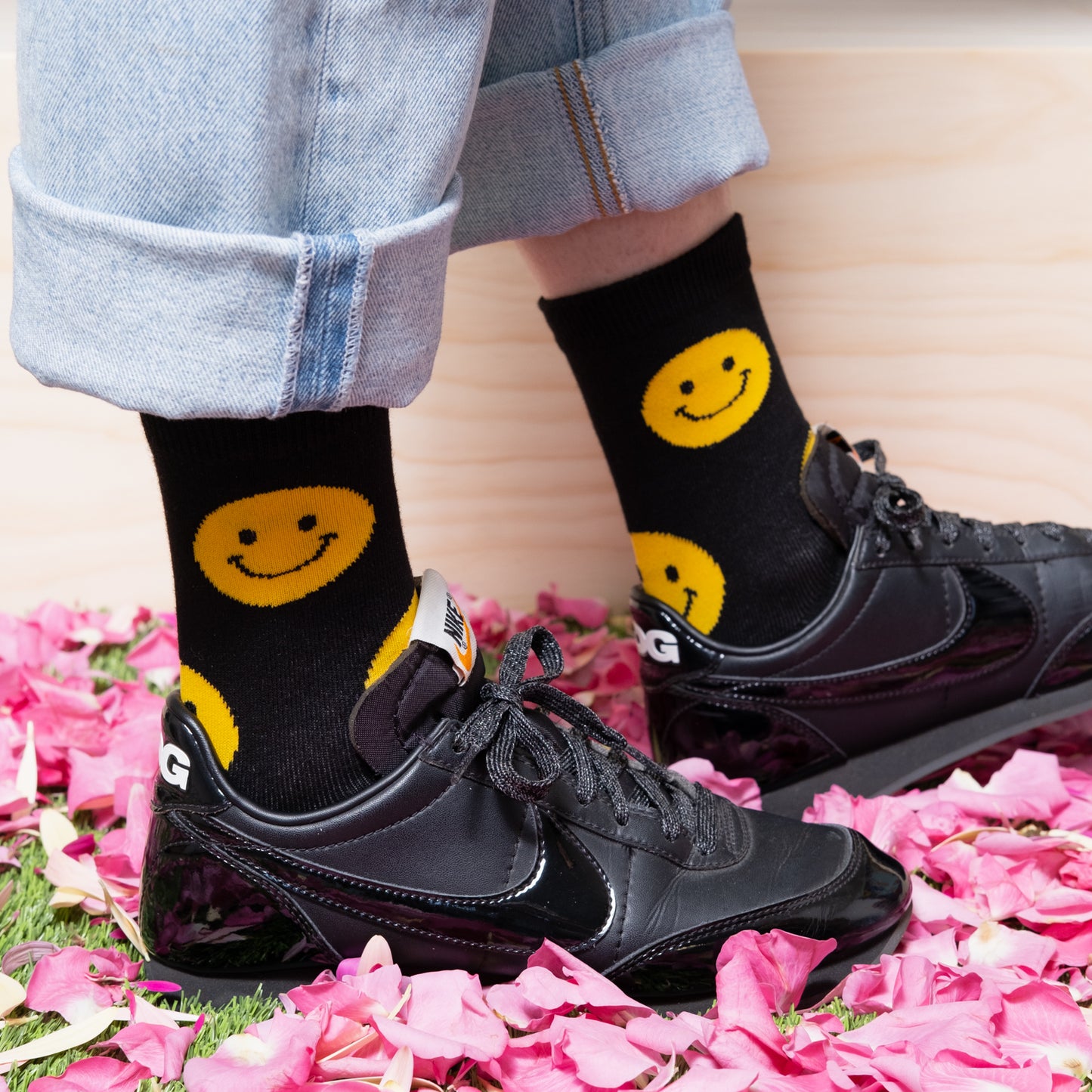 black yellow polka dot smiley face korean women's ankle socks on body on black nike shoes